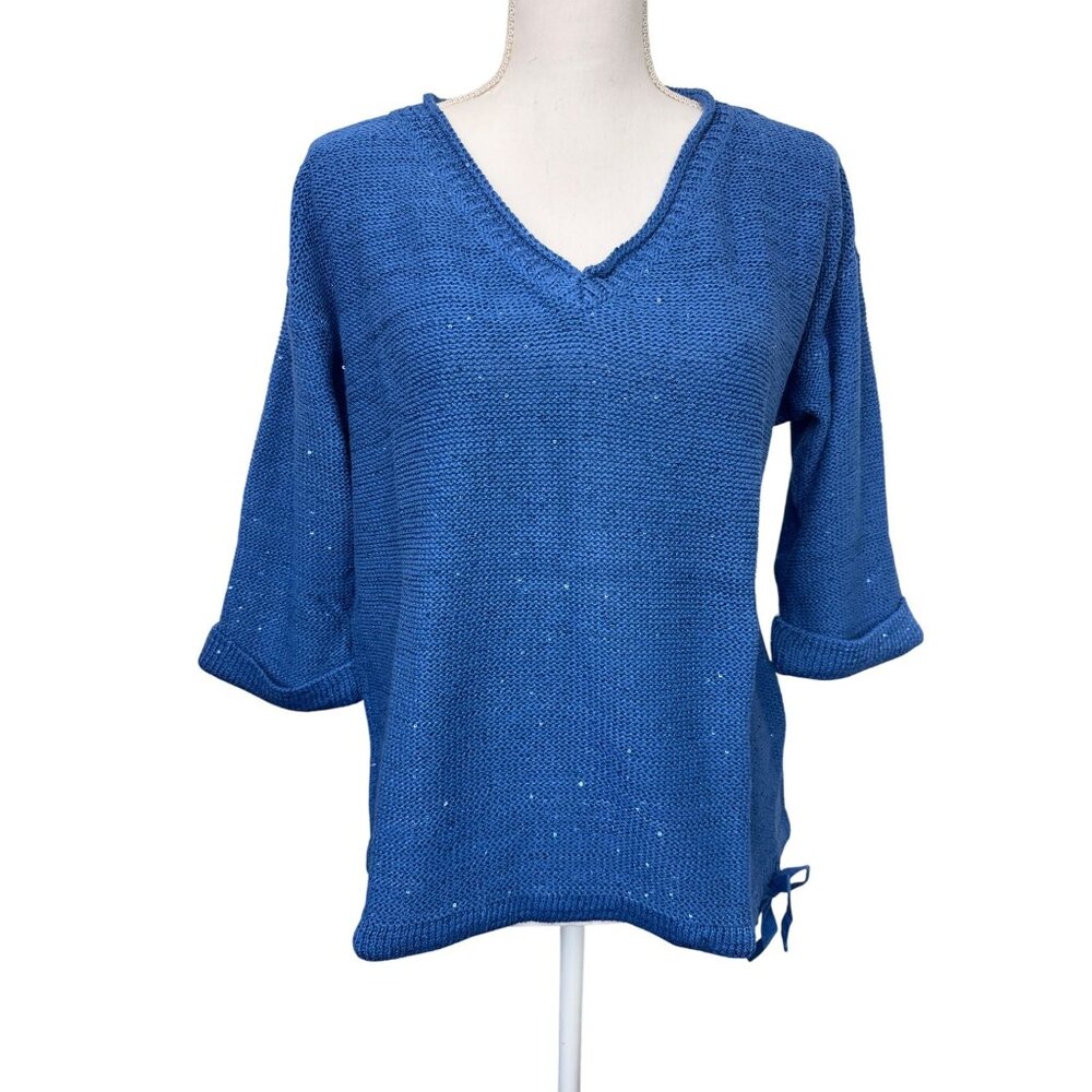 DKNY Jeans Womens 1X Sequin V-Neck Light Sweater Blue Soft Comfortable